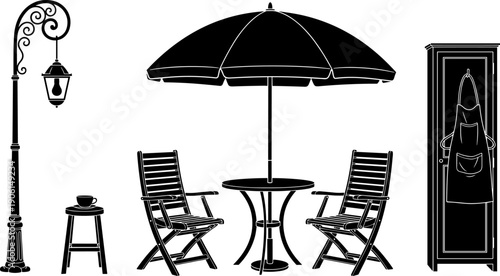Vector illustration set of black silhouettes featuring cafe furniture, including an umbrella, outdoor chairs, table, lamppost, and cupboard, representing street cafe design and restaurant equipment