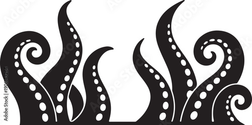 Curled octopus tentacles with suction cups, nautical black and white vector illustration