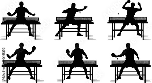 Vector illustration set of black silhouettes featuring male table tennis players in dynamic serving and rallying poses, representing competitive sport, intense action, fitness, and indoor recreation