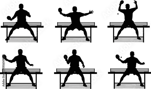 Vector illustration set of black silhouettes featuring male table tennis players in dynamic serving and hitting poses, representing competitive sport, intense action, fitness, and indoor recreation