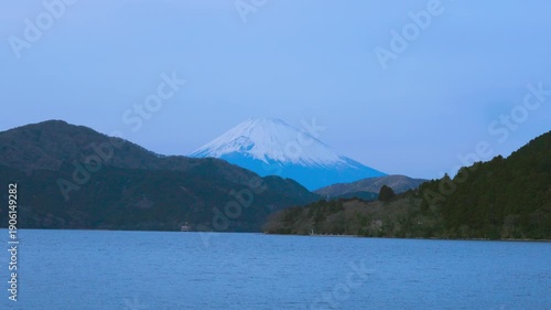 Mt. Fuji from the perspective of Lake Ashi in the Kanagawa prefecture of the Kanto region in Hakone, Japan.