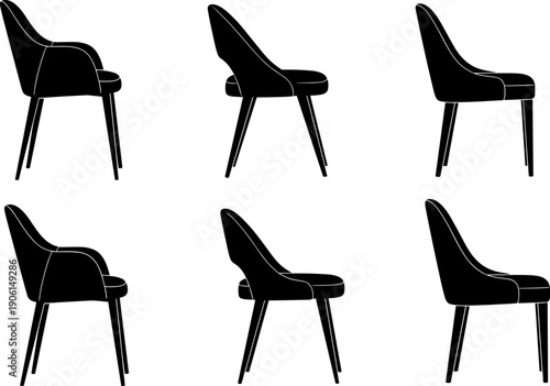 Vector illustration set of black silhouettes featuring stylish modern dining and accent chairs with thin legs, symbolizing contemporary interior design, home furniture, elegance, and domestic decor