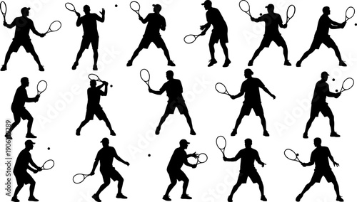 Vector illustration set of black silhouettes featuring male tennis players in various dynamic action poses, serving and hitting the ball, symbolizing sport, competition, athleticism, 