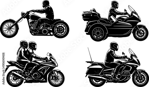 Vector illustration set of black silhouettes showing people riding various high-powered motorcycles, including chopper, touring bike, and sport bike, representing travel, adventure, and road freedom
