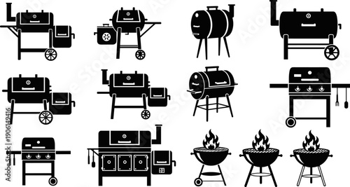 Vector illustration set of black silhouettes featuring various types of barbecue grills, charcoal grills, and offset smokers, representing outdoor cooking, grilling equipment, summer food, 