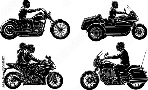 Vector illustration set of black silhouettes showing people riding various motorcycles, including cruiser, sport bike, and sidecar, representing travel, freedom, hobbies, and road adventure