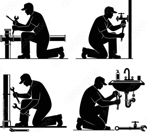 Vector illustration set of black silhouettes showing professional plumbers fixing pipes, sinks, and water systems with wrenches, symbolizing home repair, maintenance service,