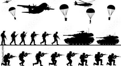 Vector illustration set of military ground forces, including walking and kneeling soldiers and tanks, combined with air support from transport planes, a helicopter, and parachute drops, black graphic.
