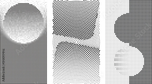 Three abstract vertical panels featuring black and white geometric halftone patterns and shapes