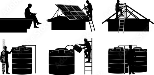 Vector illustration set of silhouettes showing workers installing solar panels, building a roof, and maintaining water storage tanks, symbolizing construction, renewable energy, and utility service