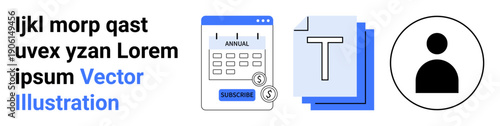 Business planning, financial management, user identity, data organization, document handling, personal interface. Calendar with dollars, text documents user icon. Financial management and business