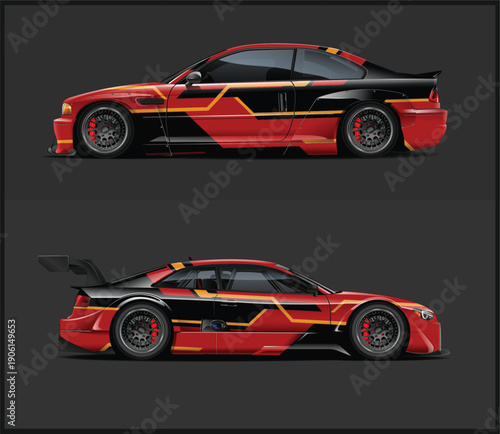 Red sports car in two views on dark background