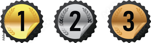 1, 2, 3, medal vectors. Black, gold, silver, and bronze. First, second, and third place badges with laurel wreaths. Isolated on a white background.
