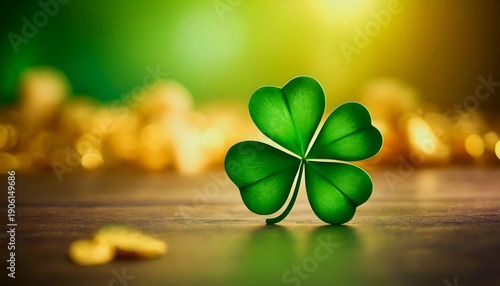 St Patrick's Day, March 17 text with Beautiful shiny gold green clover leaves, bokeh effect. St Patrick's day, created with generative ai