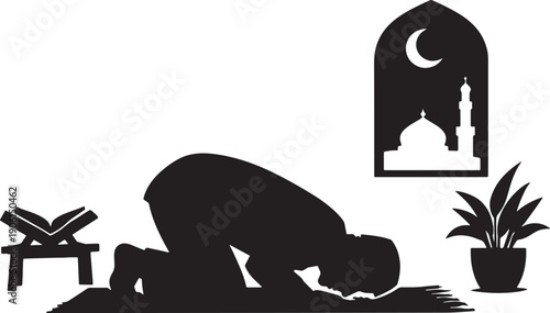 Muslim man performing sujood prayer at home silhouette, Islamic worship, salah posture, spiritual devotion vector illustration