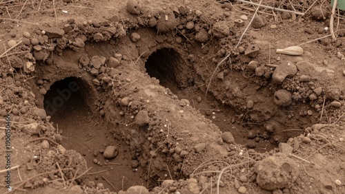 Sepia-toned taken low angle looking large circular holes dug ground filled soil appear well-maintained small irregularly shaped rocks debris scattered