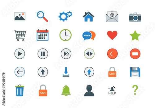 A comprehensive set of colorful flat user interface icons for web design and application development