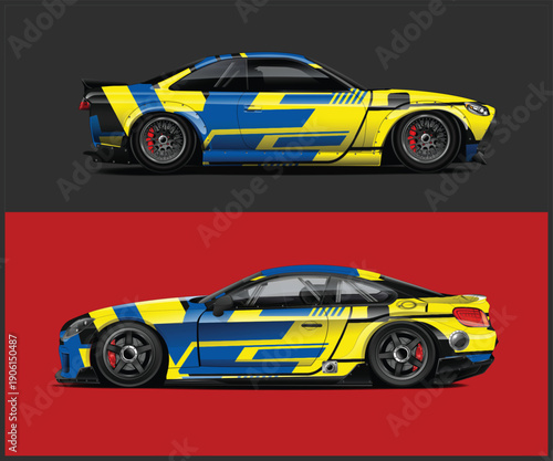Two views of a yellow and blue sports car