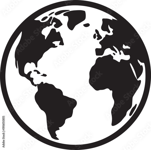 Planet Earth showing the Atlantic Ocean and surrounding continents, minimalist and high-contrast black and white vector illustration