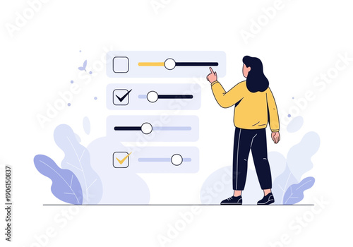 Woman adjusting a user interface control panel, customizing personal settings and preferences with sliders for a personalized experience