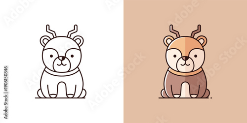 Adorable cartoon deer-like animal with small antlers sitting, presented as a cute vector illustration outline and colored icon, perfect for various design projects