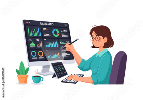 Vector illustration of a businesswoman at her desk analyzing business intelligence data on a computer dashboard with charts and graphs