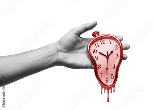 Fotografi Conceptual surreal image of a hand holding a red melting clock representing urgency, stress, and deadlines