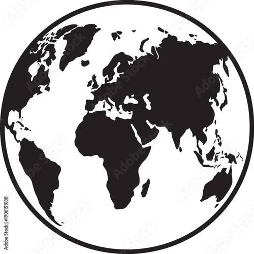 Planet Earth showing the continents of Europe, Africa, and Asia, minimalist and high-contrast black and white vector illustration