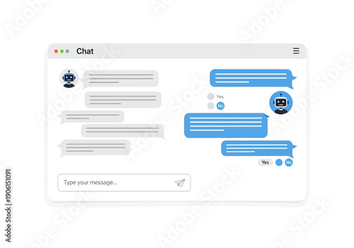 Modern chat window interface with an AI chatbot assistant for customer support. Online dialogue and messaging application concept