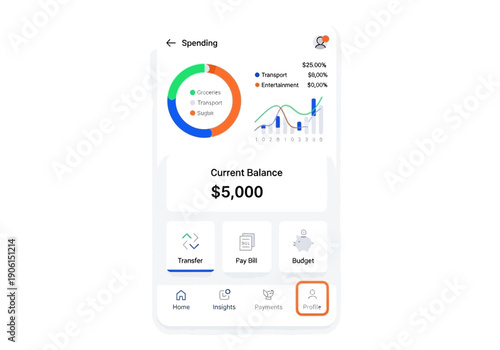 Smartphone screen displaying a modern fintech application interface for personal finance management, expense tracking, and budgeting