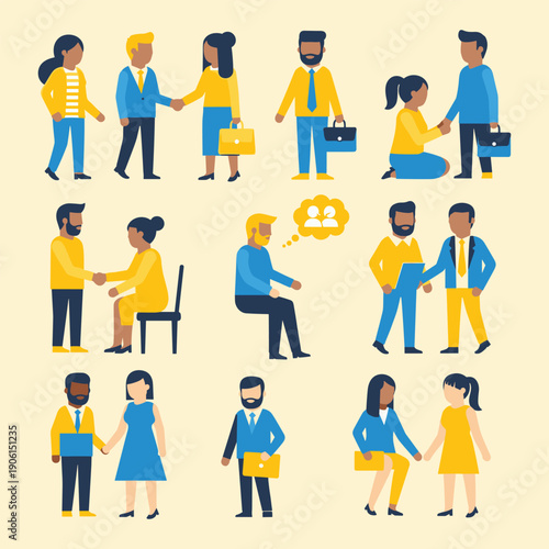Illustrative Collection of Diverse Professionals Engaging in Business Meetings, Handshakes, and Collaborative Interactions, Promoting Teamwork and Networking
