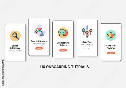 Modern flat design vector illustration of mobile app onboarding screens showcasing UX and UI walkthrough steps with linear icons
