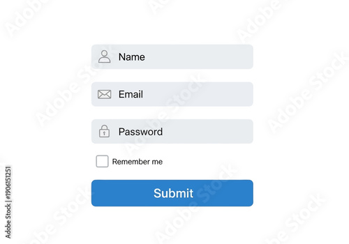 Clean and modern user interface template for a website login or registration form with fields for name, email, and password. Vector graphic design element for web and mobile applications