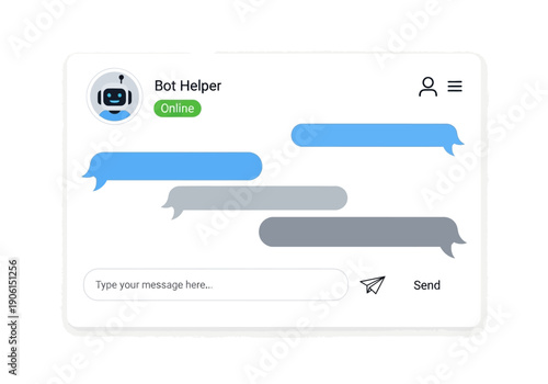 Vector illustration of a modern chatbot conversation window with a robot helper for online customer service and support