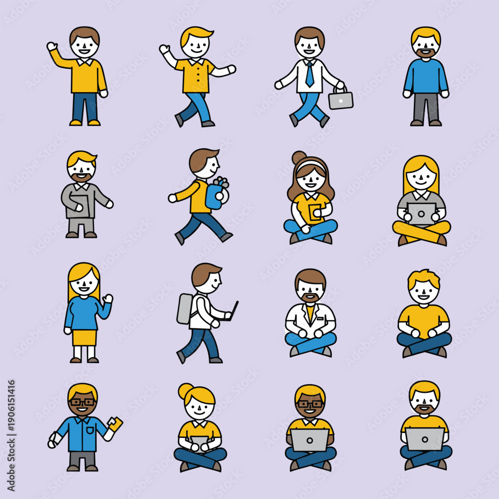 Fototapeta premium Diverse Collection of Business People and Tech Users in Flat Line Art Style Illustrations, Engaging in Various Daily Activities and Workflows with Laptops and Smartphones