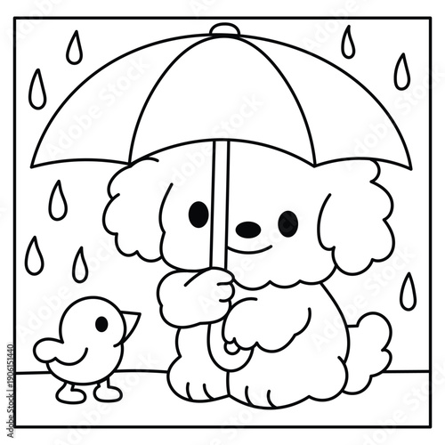 Cute puppy holding an umbrella in the rain with a little chick, coloring page for