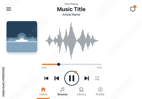 Modern music player application interface with audio waveform visualization and playback controls on a white background, a UI kit vector