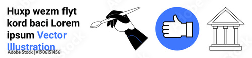 Art design, creative approval, historical structure, education, art criticism, and knowledge exchange. A hand holding a paintbrush, a thumbs-up icon and a classic columned building. Art design