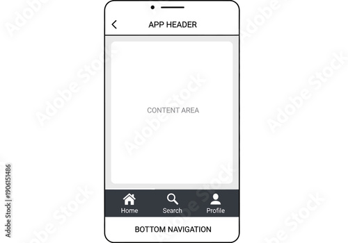 Minimalist line art wireframe of a mobile application user interface with a simple bottom navigation bar