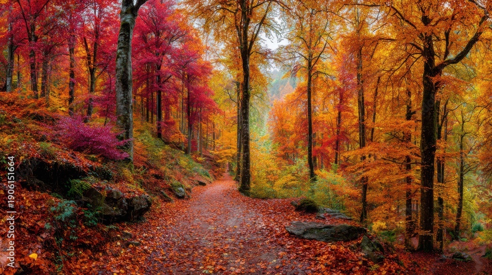 Fototapeta premium Deep woods in the fall season full of red yellow orange green and purple trees showing a wonderful landscape and falling leaves 