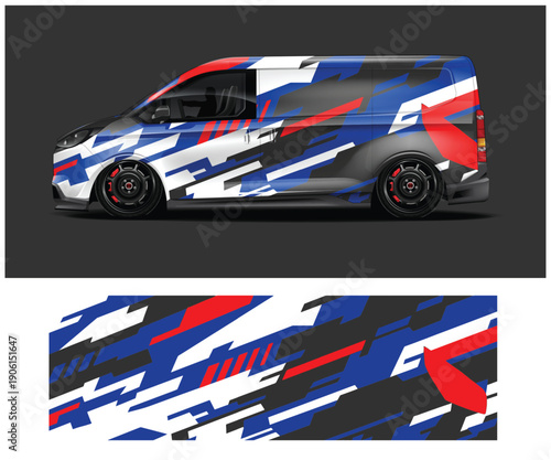 Car with abstract colorful design on side panel and full view