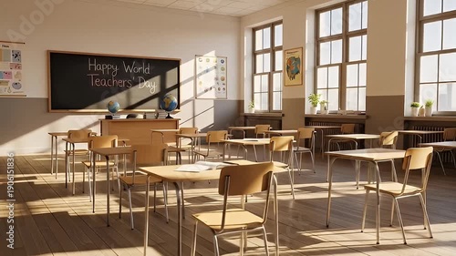 Classroom Scene - Empty Desks and Blackboard in Sunlight.