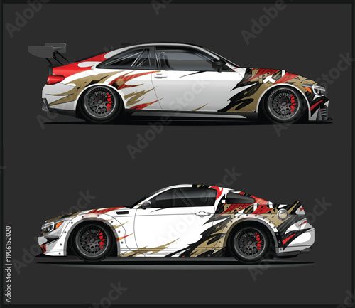 Two views of a white sports car with flame design
