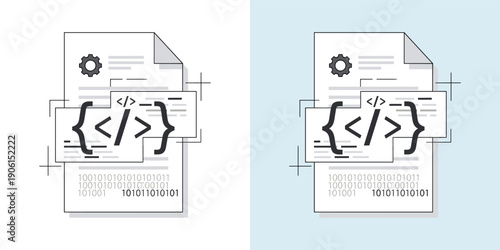 Illustrative icon depicting digital files with coding symbols and settings gears, representing the concept of software development, web programming, or project configuration management