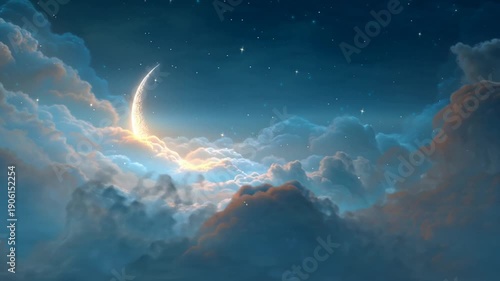 Crescent Moon Behind Clouds at Night.