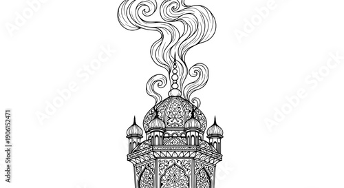 Ornate tower with smoke rising from the top viewed from below in a detailed illustration