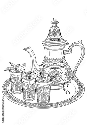 An ornate teapot and cups on a decorative tray with tea leaves and herbal infusions displayed in a detailed illustration