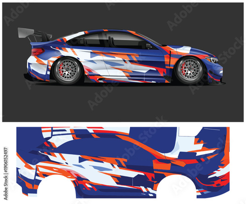 Blue sports car with orange and white abstract design and vinyl wrap template
