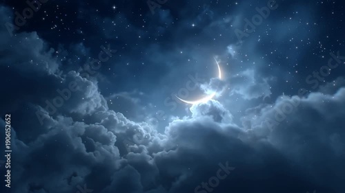 Crescent Moon Behind Clouds at Night.