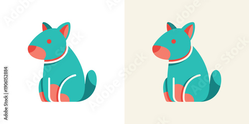Cute and minimalist flat design illustration of a sitting teal dog with a red collar, perfect for pet-themed icons, logos, or digital assets